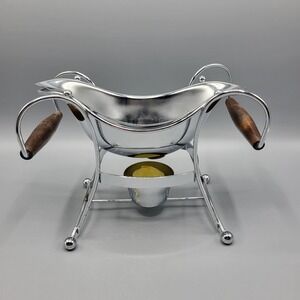 Vintage Shelton Ware MCM Gravy Boat Warming Stand Wood Handles Chrome MCM Silver